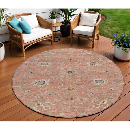 Homeroots 8' Pink Gray And Beige Round Floral Washable Indoor Outdoor Area Rug 604787
