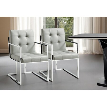 Homeroots Set of Two Tufted Light Gray and Silver Metallic Upholstered Faux Leather Dining Arm Chairs 543515