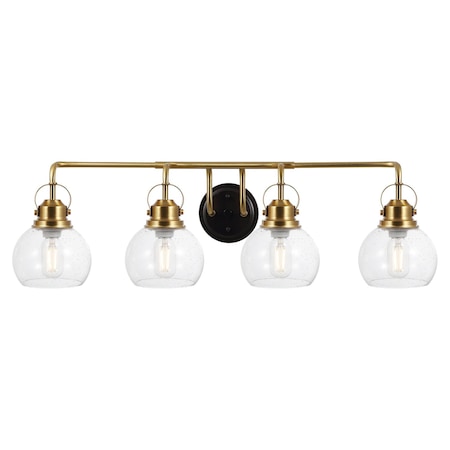Jonathan Y Shirley 34" 4-light Farmhouse Industrial Metal LED Vanity Light w/Seeded Glass Globe Shades, Brass Go JYL7406B