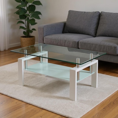 Homeroots 39" Clear and White Glass and Steel Coffee Table With Shelf 635699