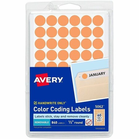Avery Label, Remv, 1/2"Dia, Orgl, 840 840PK AVE05062