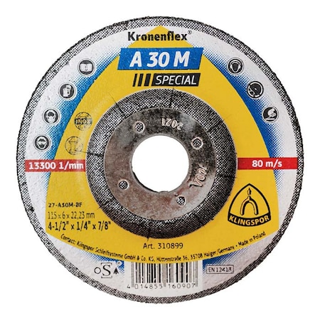 Klingspor A30M Special Grinding Disc 4-1/2 x 1/4 x 5/8-11 T27, 10PK A30M1156.022A