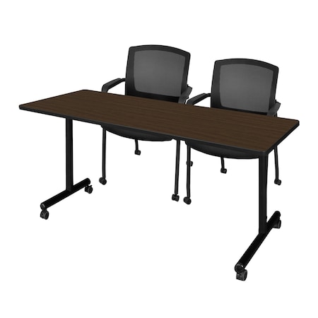 Regency Kobe Mobile T-Base Training Seminar Table W/ 2 Knight Mesh Chairs, 72 in W, 24 in L, Neo Walnut MKTRCC7224NW56CBK