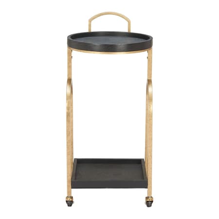 Homeroots 17in Black And Brass Steel and Solid Wood Distressed Round Rolling Bar Cart 668798