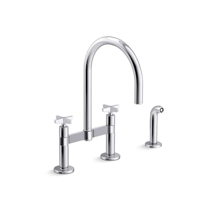 Kohler Billet Two-hole bridge kitchen sink faucet with side sprayer 28673-3-CP