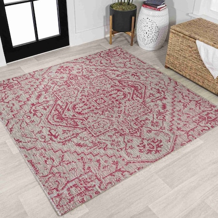 Jonathan Y Estrella Bohemian Medallion Textured Weave Light Gray/Fuchsia 5 ft Square Indoor/Outdoor Area Rug SMB105F-5SQ