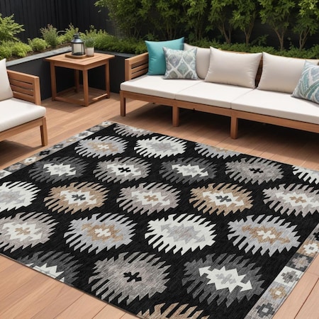 Homeroots 8' X 10' Black Ivory And Taupe Southwestern Washable Indoor Outdoor Area Rug 615119