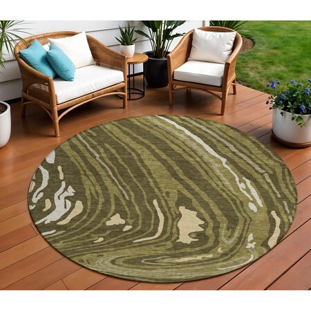 Homeroots 8' Olive Green And Beige Round Abstract Washable Indoor Outdoor Area Rug 601292