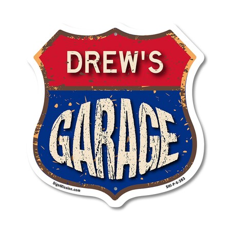 Signmission Drew's Garage, 6 Inch X 6 Inch, Plastic Sign SHI-P-6-383-DREW