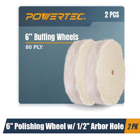 Powertec 6" Extra Thick Spiral Sewn Buffing Wheel, Cotton (80 Ply) with 1/2" Arbor Hole, 2PK 71630