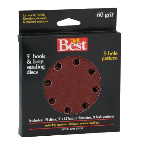 Do It Best 5'' 60-Grit 8-Hole Pattern Vented Sanding Disc with Hook & Loop Backing, 15PK 380253GA