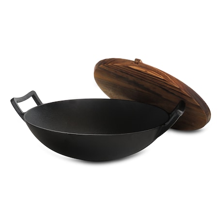 General Store Addlestone 2 Piece 14 Inch Heavy Duty Cast Iron Wok with Wood Lid 124977.02