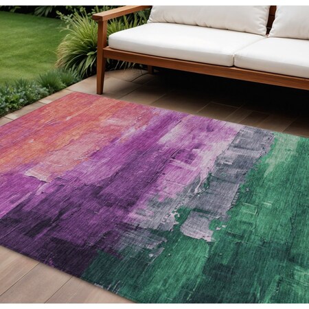 Homeroots 9' X 12' Purple Salmon And Green Abstract Washable Indoor Outdoor Area Rug 610959