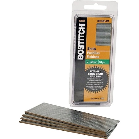 Bostitch Nail, 2 in L, 18 Gauge, Steel, Coated, Brad Head, Smooth Shank, 1000PK BT1350B-1M