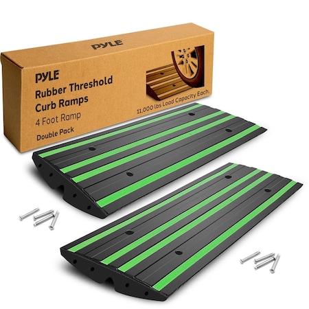 Pyle 8 ft. Rubber Curb Ramp Set, Heavy Duty Non-Slip Threshold Ramps for Driveways, Garages, 2PK PCRMP4DG