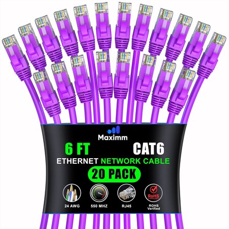 Maximm Cat6 Ethernet Cable 6ft 10Gbps 550MHz UTP, 20PK, Purple, 20PK CAT6CCA-6PU-20PK