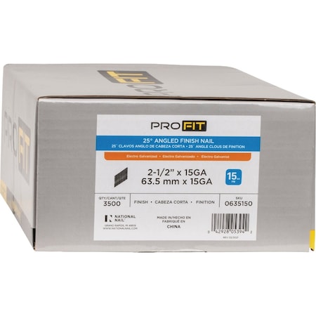 Pro-Fit 2-1/2'' 15 Gauge Electro Galvanized 25 Degree FN-Style Angled Finish Nail, 3500 Ct. 635150