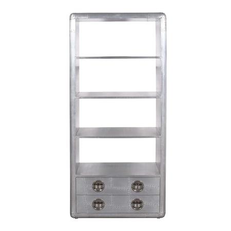 Homeroots 71" Silver Aluminum Four Tier Bookcase with Two Drawers 488870