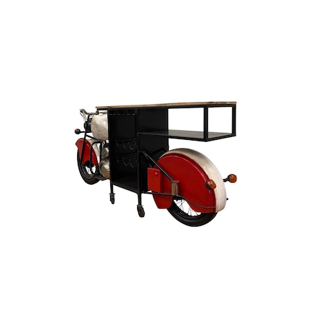 Homeroots Red and Black Metal And Wood Rolling Glider Bike Bar Cart With Wine Storage 374340