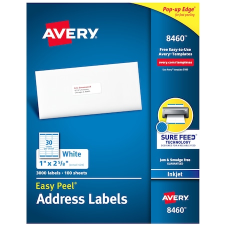 Avery Inkjet Label, 2 5/8 in Label W, 1 in Label H, 30 Labels per Sheet White 727828460