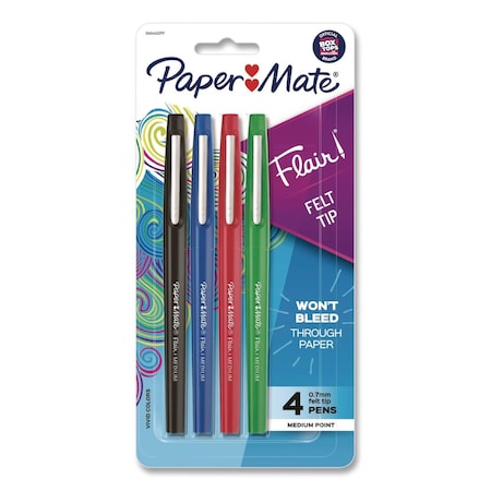 Paper Mate Flair Felt Tip Porous Point Pen, Stick, Medium 0.7 mm, Assorted Ink and Barrel Colors, 4PK 84044