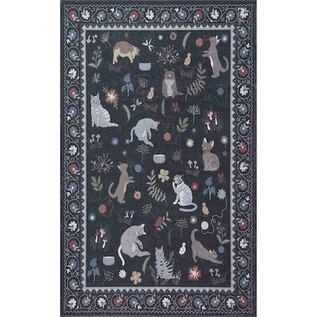 Jonathan Y Catmosphere Festive Feline Floral Border Non-Slip Machine-Washable Charcoal 5 ft. x 8 ft. Area Rug ANM100C-5