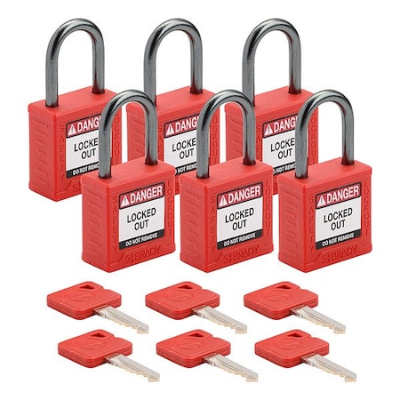 Brady Lockout Padlock, Keyed Alike, Nylon, Red, 1 in Shackle Height, 1 3/16 in Body Width, 1 No. of Keys CPPL-RED-25AL-KA6