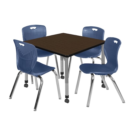 Regency Square Kee Mobile Adjustable Classroom Table W/ 4 Andy Chairs, 36 in W, 36 in L, Neo Walnut TB3636NWAPCGY40NV