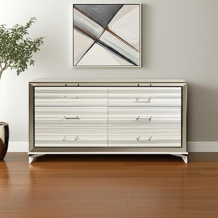 Homeroots 64" White And Silver Wood Six Drawer Double Dresser 564685