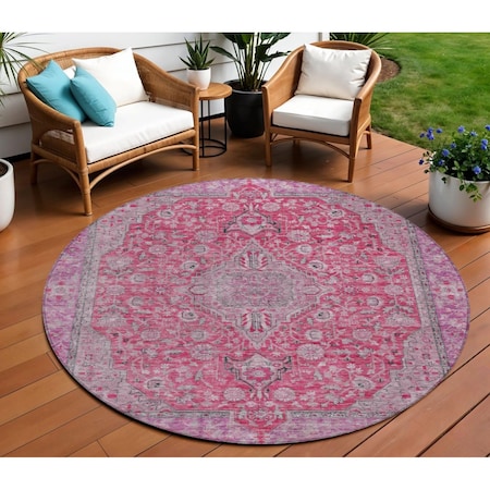 Homeroots 8' Pink And Lavender Round Medallion Washable Indoor Outdoor Area Rug 616288