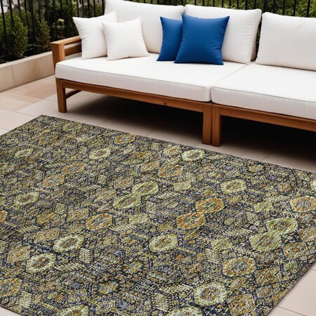 Homeroots 10' X 14' Blue and Orange Floral Washable Non Skid Indoor Outdoor Area Rug 564355