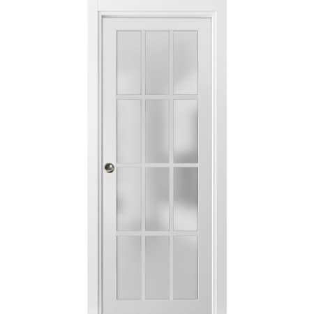 Sartodoors Sliding French Pocket Door with Frosted Glass 12 Lites, Felicia 3312 White Silk, Kit Trims Rail Ha FELICIA3312PD-WS-2896