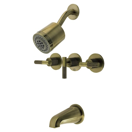 Kingston Brass Triple-Handle Tub and Shower Faucet with Knurled Handle, Antique Brass KBX8133KNL