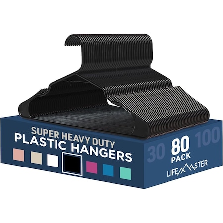 Lifemaster Black Plastic Clothes Hangers, Lightweight, Durable, Non-Slip, Space-Saving, 80PK LMPLCBLK88