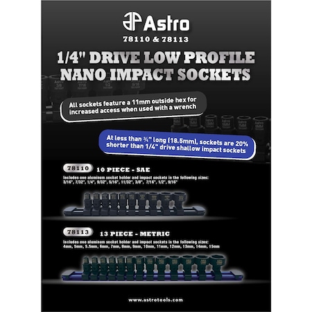 Astro Pneumatic 13-Piece 1/4 In. Drive Low Profile Nano Impact Sockets - Metric 78113