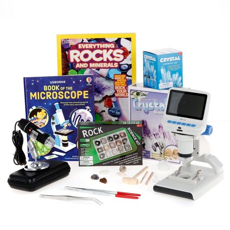 Amscope Kid's Natural Gemstone Explorer Set featuring 1080P HD Portable LCD Digital Color Microscope, Ultima KVB-GEM-140-EXP