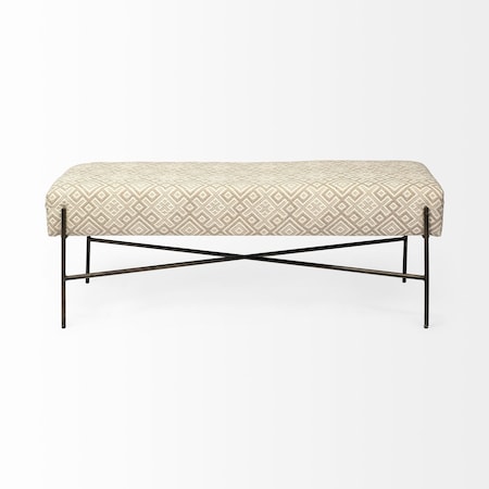 Homeroots 17in Cream and Black Upholstered Cotton Blend Geometric Bench 376189
