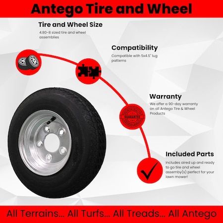 Antego Single Trailer Tire & Rim 4.80-8, Load Range C, 6 Ply, 5 Lug Galvanized Alloy Wheels A83750105757064808