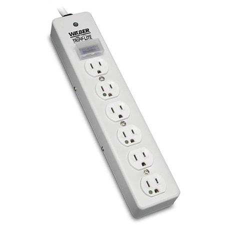 Tripp Lite Outlet Strip, Surge, Hospital Grade, 6 5-15R-HG, 5-15P-HG, 6 ft., White SPS606HGRA