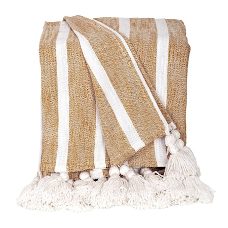Homeroots 50" X 60" Gold and Ivory Woven Cotton Striped Throw Blanket with Tassels 548929