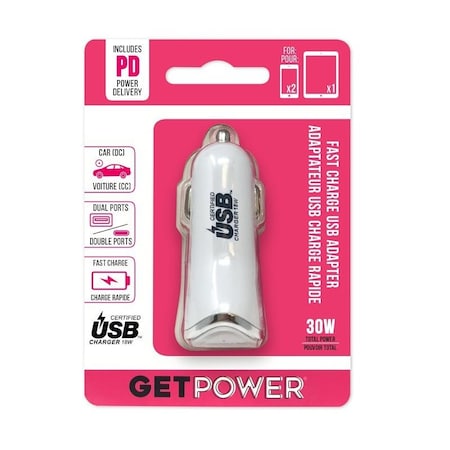 Getpower Dual Port DC Car Adapter, 2.4 A Output, White Housing GP-DC2USB-PD