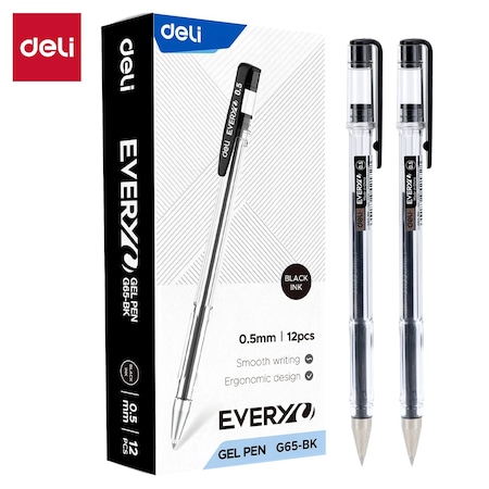 Deli EveryU Gel Pen 0.5mm, Black Ink, Capped, 12PK EG65-BK