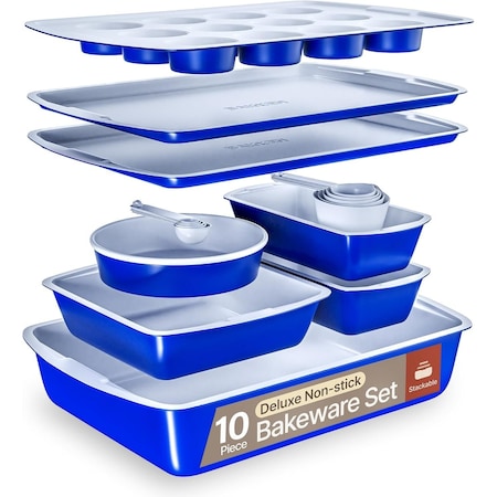 Bakken- Swiss Royal Blue 10-Piece Nonstick Bakeware Set, Carbon Steel, Stackable, Oven Safe to 450 DegF BKWAV10BLU
