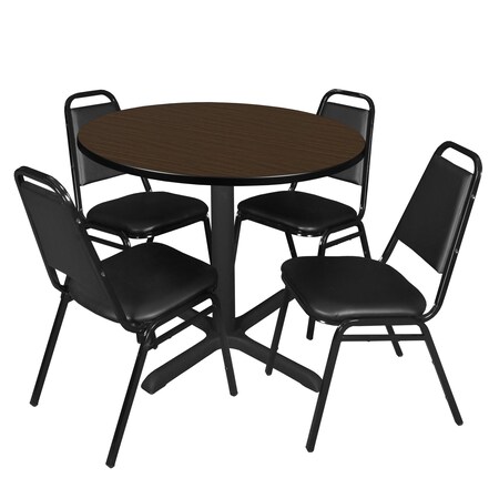 Regency Round Cain Breakroom Table W/ 4 Restaurant Stack Chairs, 36 in W, 36 in L, Neo Walnut TB36RNDNW29BK