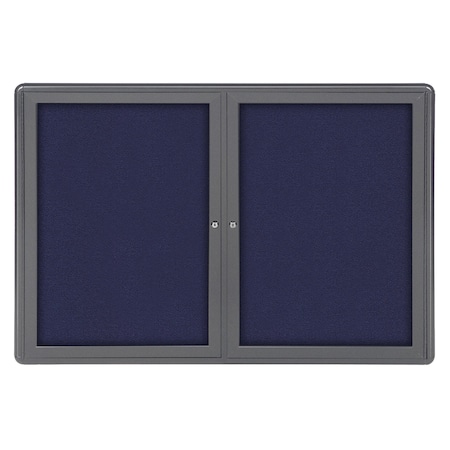 Ghent Ovation 2 Door Enclosed Fabric Bulletin Board, Gray Frame, 3'H x 5'W, Blue OVG4-F93