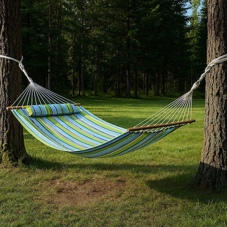 Homeroots Aqua And Lime Green Striped Double Hammock 643963