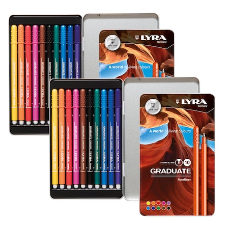 Lyra Graduate Fineliner Marker Set Tin, Assorted Colors, 10-Piece Set, 2PK L677110000