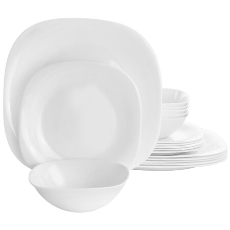 Gibson Ultra Piazza 18 Piece Soft Square Tempered Opal Glass Dinnerware Set in White 131711.18R