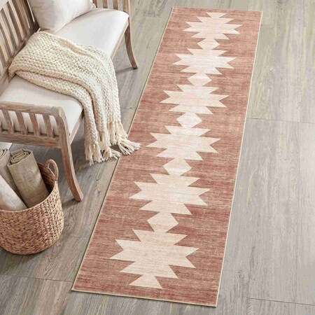 Jonathan Y Peyton Minimalist Geometric Totem Non-Slip Machine-Washable Rose Clay/Cream 2 ft. x 8 ft. Runner Rug WSH510K-28