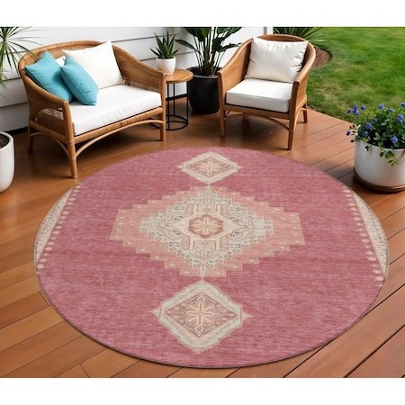 Homeroots 8' Blush Gray And Beige Round Oriental Washable Indoor Outdoor Area Rug 598390
